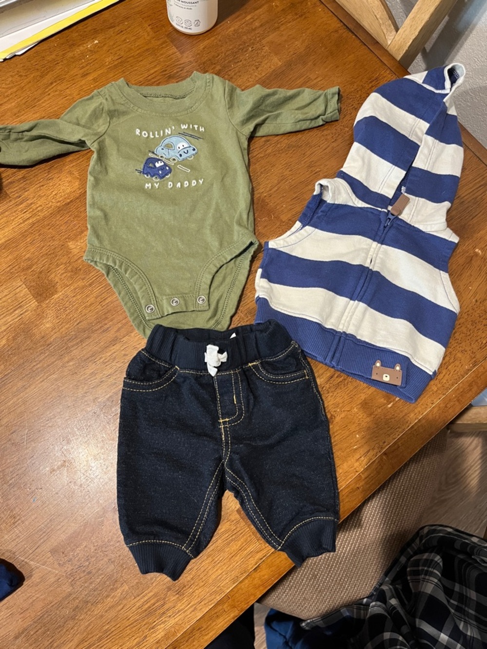 Carters Newborn Baby Outfit Set - Olive onesie, Jeans & Blue-White Hooded Vest